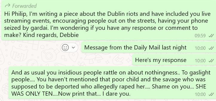 PhilipDwyer_MOI's tweet photo. 🚨Citywest..Going Live at 6pm this evening to speak to Anne Sullivan a concerned local mother who wants to talk about the real reasons why trouble broke out in Citywest... SHE WAS ONLY TEN. 
Also below left wing activist from The Daily Mail Debbie McCann asks me to comment on the hit piece she is about to post. Not one mention in her message about that poor innocent child and she is a mother herself. Please share.