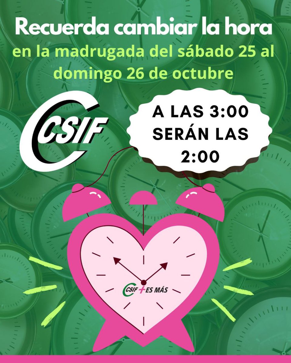 CSIFenseEXT's tweet image. ⏰ Atención: este fin de semana cambiamos el reloj al horario de invierno.
🕒 A las 03:00 h del domingo será en realidad 02:00 h.
#csifeducacionextremadura 
#cambiodehorario