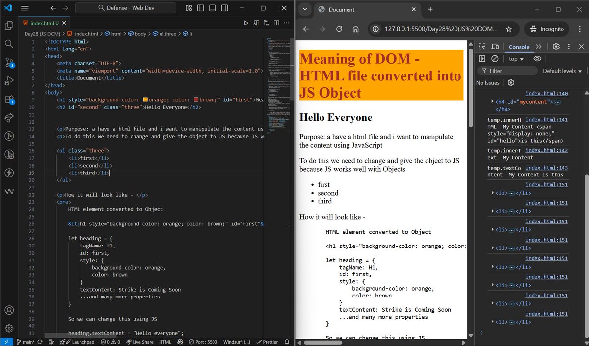gauravp012's tweet photo. Day 28: Explored DOM Manipulation in JavaScript 

✅ DOM = live representation of HTML
✅ Select elements (querySelector, getElementById)
✅ .textContent vs .innerHTML vs .innerText
Thanks to @rohit_negi9 bhaiya for simplifying it all 🙌
#WebDevJourney #JavaScript #DOM #CoderArmy https://t.co/BqRQI8qC8W