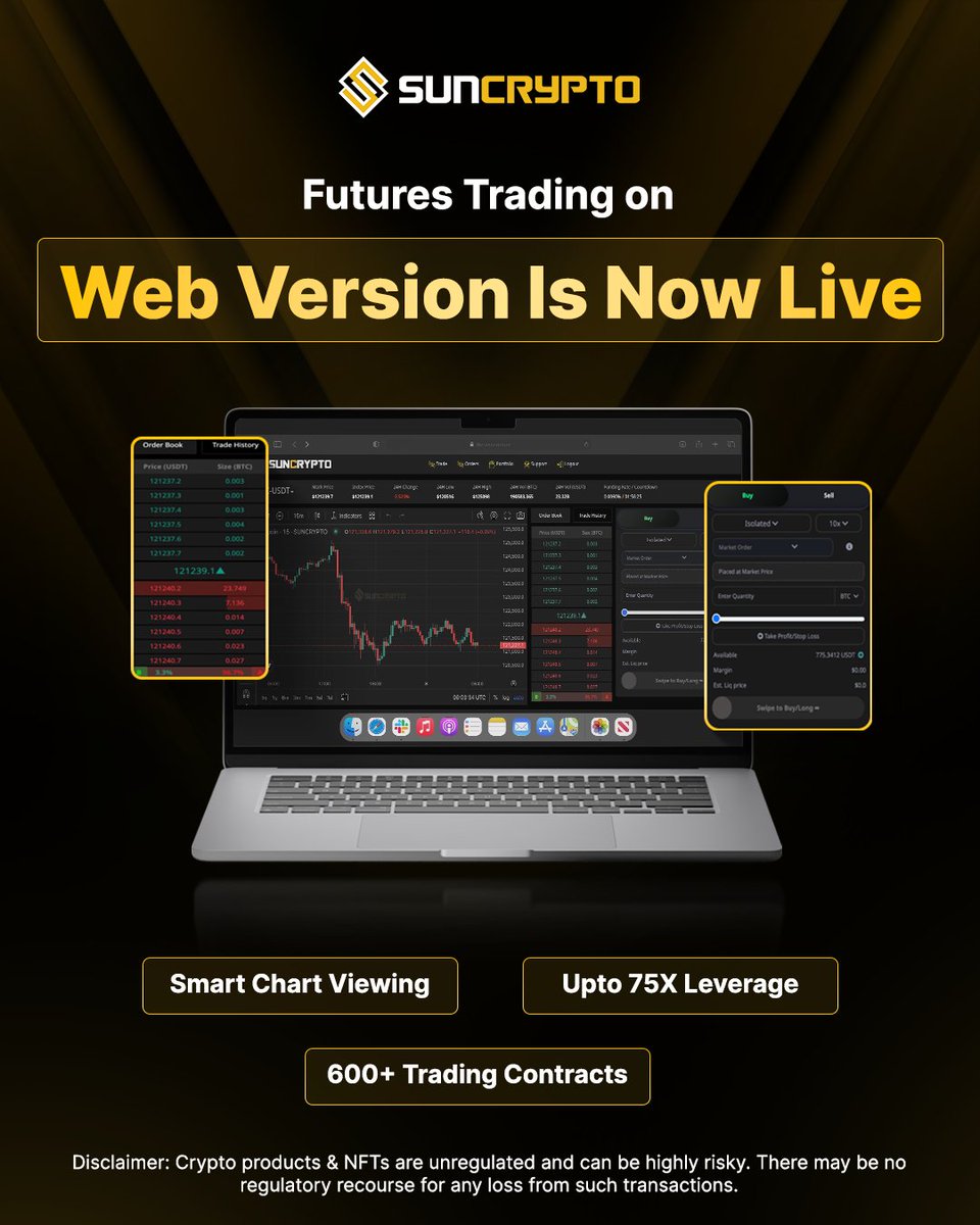 Bigger Screen, Bigger Opportunities! 💻 📈 Your favorite SunCrypto Futures  is now LIVE on Web! 🚀 Now you can get: ✓ Upto 75x Leverage ✓ 600+  Contracts in INR & USDT Pairs