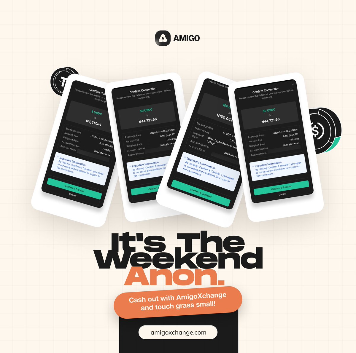 It’s the weekend, Amigos 😎💚
Cash out your bags, touch grass 🌿, and enjoy some IRL moments.

Convert crypto-to-fiat instantly with AmigoXchange.
🔗 amigoxchange.com