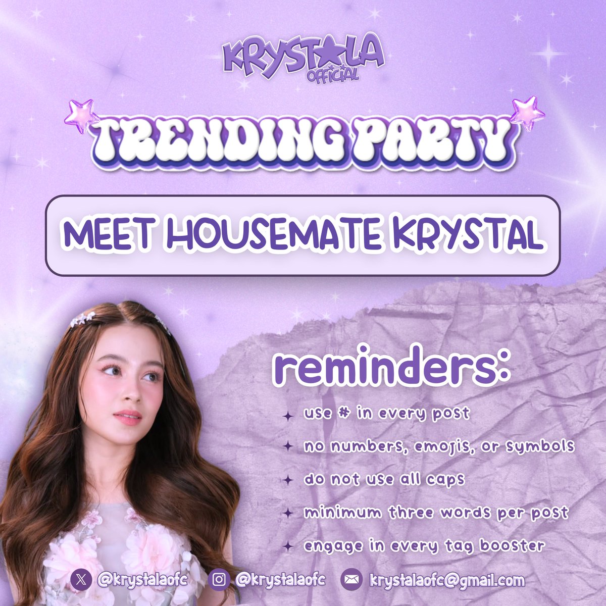 krystalaofc's tweet photo. X PARTY ALERT!

Get ready, TALAs! 💫 We’re going all out to celebrate our one and only “𝙒𝙞𝙨𝙝𝙛𝙪𝙡 𝙒𝙖𝙧𝙖𝙮 𝙣𝙜 𝙎𝙖𝙢𝙖𝙧” — Krystal Mejes 💫

Let’s make the timeline explode with excitement — tweet “MEET HOUSEMATE KRYSTAL”, spread the love, and cheer each other! 💜

MEET HOUSEMATE KRYSTAL
MEET HOUSEMATE KRYSTAL
MEET HOUSEMATE KRYSTAL

#KrystalMejes #KrystalaOFC