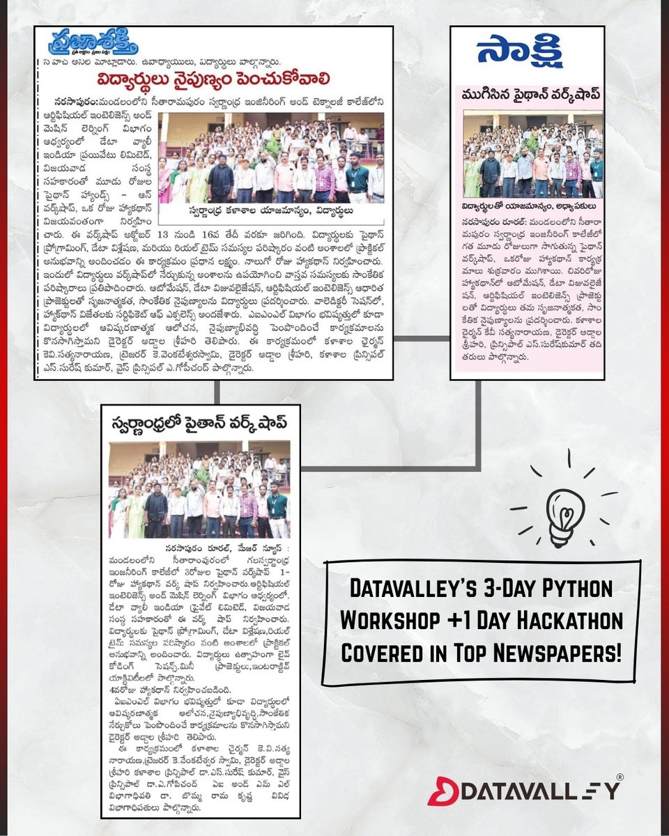 Datavalley_ai's tweet image. Successfully completed a 3-Day Workshop and 1-Day Hackathon on Python Programming at Swarnandhra College of Engineering and Technology (Autonomous). Great participation and enthusiasm from the students!
#Datavalley #PythonWorkshop #Hackathon #SwarnandhraCollege