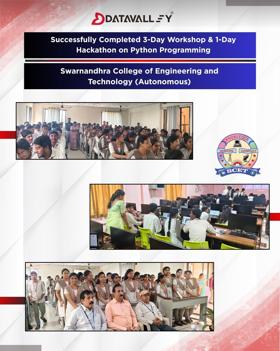 Datavalley_ai's tweet image. Successfully completed a 3-Day Workshop and 1-Day Hackathon on Python Programming at Swarnandhra College of Engineering and Technology (Autonomous). Great participation and enthusiasm from the students!
#Datavalley #PythonWorkshop #Hackathon #SwarnandhraCollege