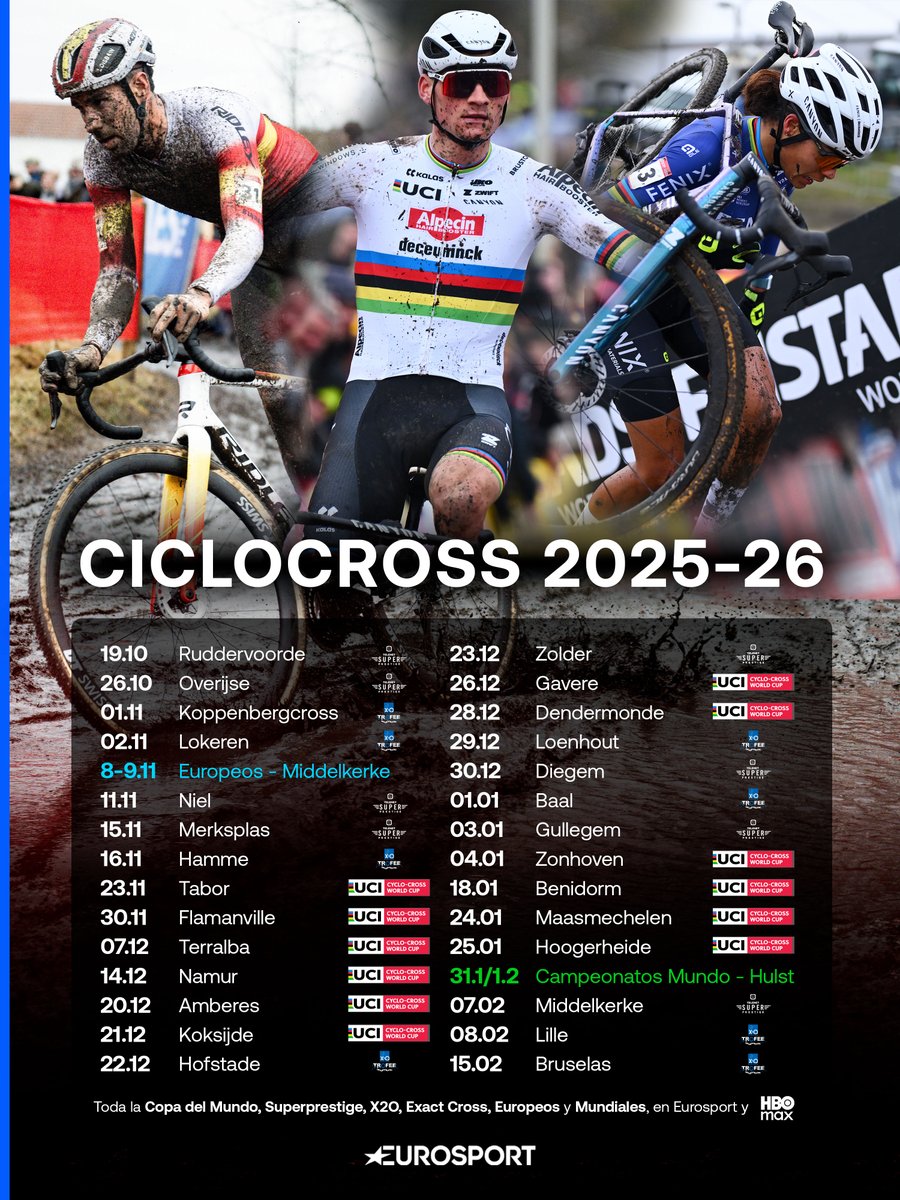🚴 𝐄𝐬 𝐭𝐢𝐞𝐦𝐩𝐨 𝐝𝐞 𝐛𝐚𝐫𝐫𝐨 💥 

Disfruta todo el calendario de #ciclocross 2025-26 en Eurosport y <a href="/StreamMaxES/">HBO Max España</a>, con la Copa del Mundo <a href="/UCI_CX/">UCI Cyclocross</a>, Superprestige, X2O, Europeos y Mundiales 🌈 

#LaCasaDelCiclismo