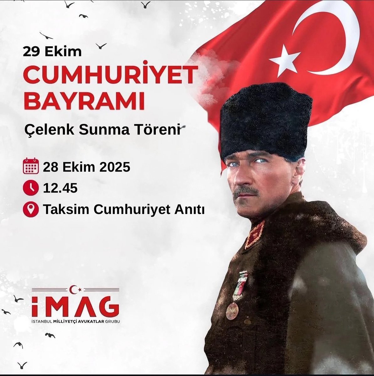 29 Ekim Cumhuriyet Bayramı Kutlamaları kapsamında 28 Ekim 2025 Salı günü saat 12.45’de, Taksim Cumhuriyet Anıtına çelenk sunma törenine grubumuzca katılım sağlanacaktır. Meslektaşlarımızı yapılacak törene katılmaya davet ediyoruz.