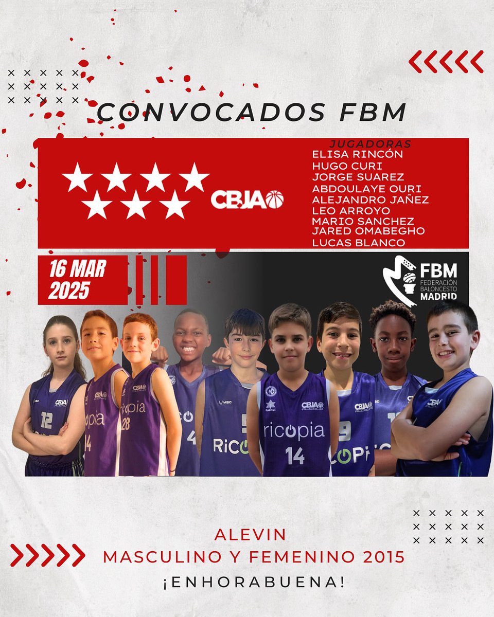 CBJuanDeAustria's tweet photo. Enhorabuena por la convocatoria con la selección Madrileña👏‼️ 

👉 Hugo Curi, Jorge Suárez, Abdoulaye Ouri, Alejandro Jañez, Jared Omabegho, Mario Sánchez, Lucas Blanco (Alevín Masculino 1º año)

👉Elisa Rincon ( Alevín Femenino 1º año)

#seleccion #comunidaddemadrid #fbm https://t.co/ZUTzu1gY3g
