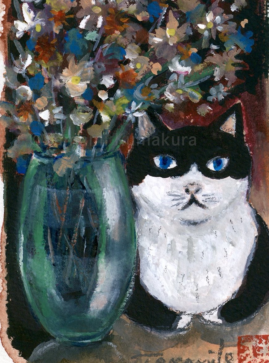 香箱座りする猫と花 ポストカードサイズ原画です。 不透明水彩で描いた