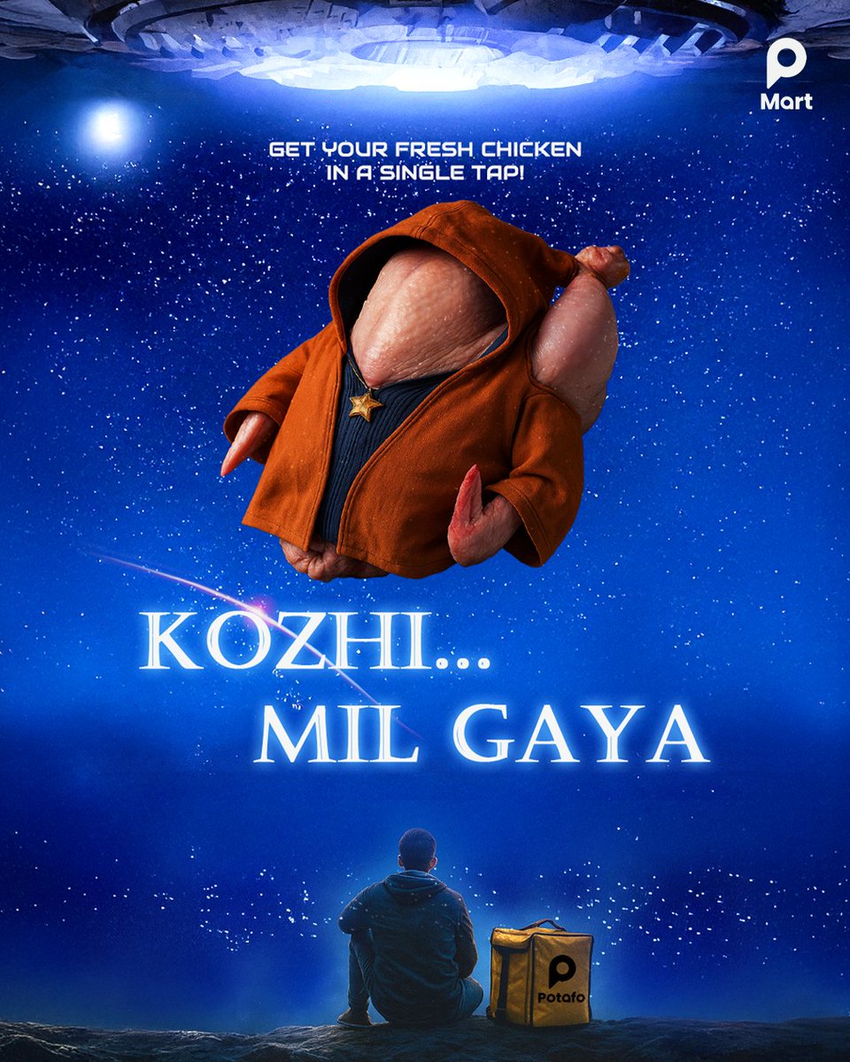 POTAFO_'s tweet photo. 👽 When aliens couldn’t find life on Earth, they found… fresh chicken 🍗

Kozhi mil gaya, thanks to #Potafo💛 🚀
Just one tap and your chicken lands fresher than ever 🛸

#KoiMilGaya #Chicken #Potafo #FreshChicken #Foodies #Fun  #Delivery  #Kozhikode #Calicut https://t.co/nwXrpcpxb3