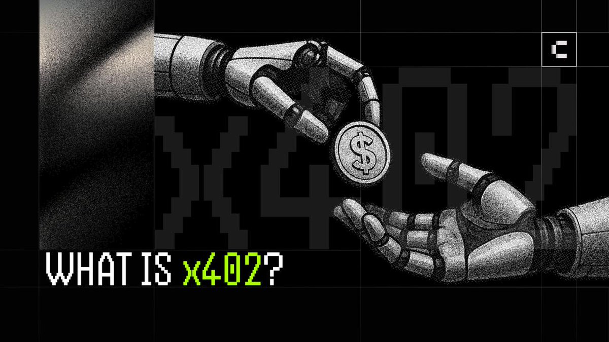 로봇 팔이 달러 동전을 교환하는 일러스트 — x402 AI 결제를 나타냄
