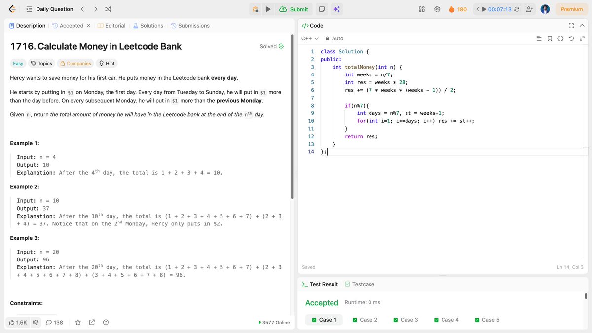 me_sajeeb's tweet image. 💰 LeetCode Daily: Calculate Money in Bank ✅
Math formula beats simulation! Full weeks = arithmetic series, remaining days = simple loop.
⚡ O(1) no simulation needed 
🎯 Pattern: 28, 35, 42, ... (+7) 
💡 Formula &gt; iteration
#LeetCode #CPlusPlus #Math #100DaysOfCode