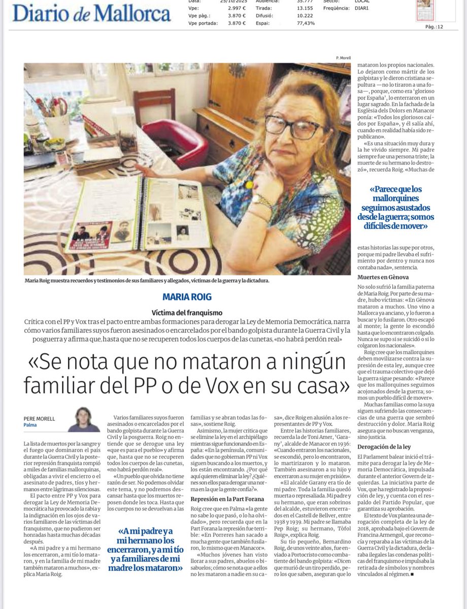 Davant els que volen reescriure la historia d’horror, és més necessari la veu a les víctimes i als seus familiars.
Maria Roig: “Se nota que no mataron a ningún familiar del PP o de Vox en su casa.”
Des <a href="/psibpsoe/">PSIB-PSOE</a> hi serem sempre, defensant la veritat, la memòria i la dignitat.