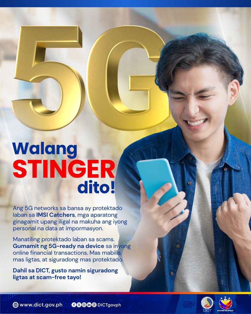 DICTgovph's tweet image. Walang Stinger dito!🔒📱

Bilang pagtugon sa utos ng Pangulo na tiyaking &quot;walang maiiscam ngayong Pasko&quot;, patuloy ang pag-aksyon ng DICT para tiyaking ligtas ang bawat Pilipino online sa pamamagitan ng 5G network.

Basahin: facebook.com/share/p/16PDUC…

#DICT #CyberSafePH #5Gnetwork