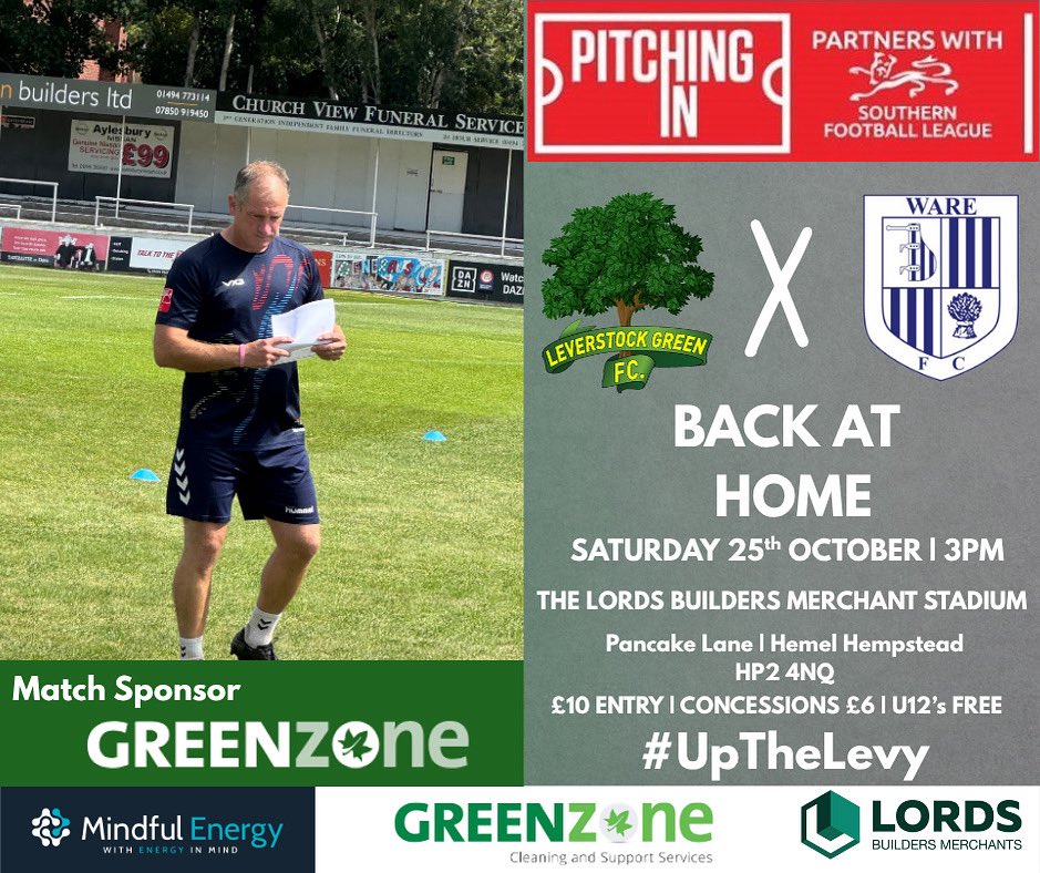 levgreenfc's tweet image. 🗣️ MATCH DAYYY 

🆚 @Ware_FC 
🏟️ The @LordsBuildersM Stadium
⏰ 3PM KO
🎟️ £10 | £6 Concessions | U12s FREE
📻 @90MinutesLiv from 2:55PM

#UpTheLevy #BackAtHome