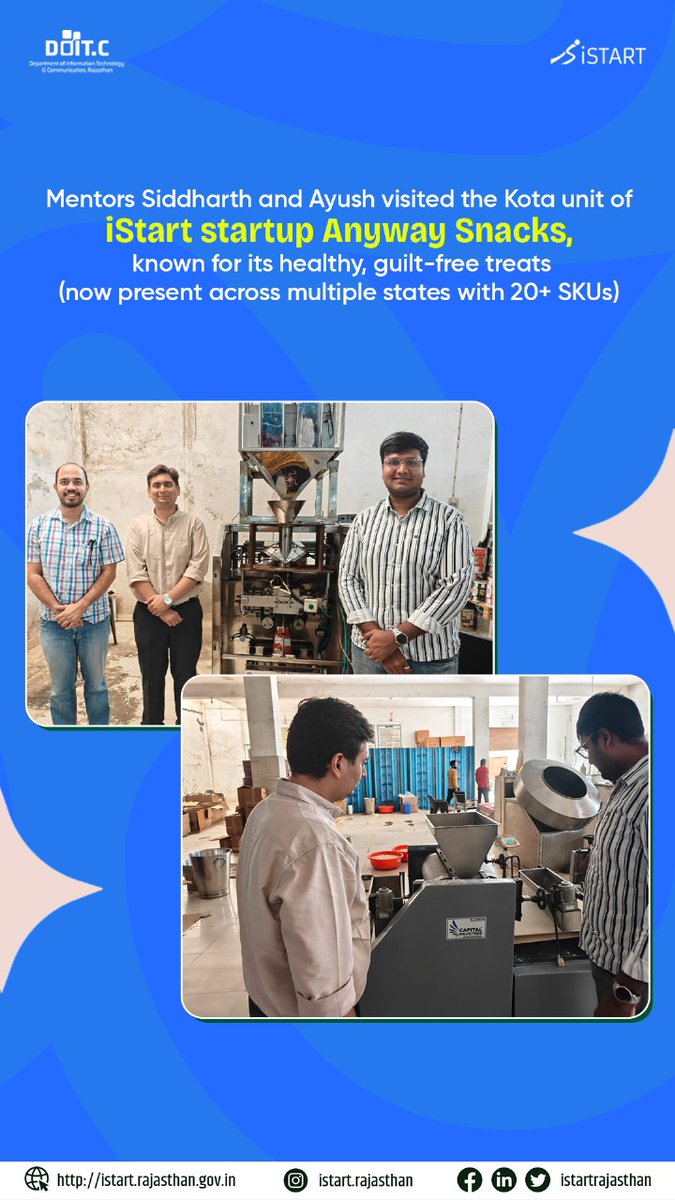 Another milestone moment for an iStart-registered startup. 🚀

Anyway Snacks has expanded across multiple states with 20+ SKUs, proving how homegrown innovations can scale impactfully.

<a href="/NITIAayog/">NITI Aayog</a> <a href="/DoITCRaj/">Dept of IT&C, Raj</a> <a href="/startupindia/">Startup India</a> <a href="/Ra_THORe/">Col Rajyavardhan Rathore</a>