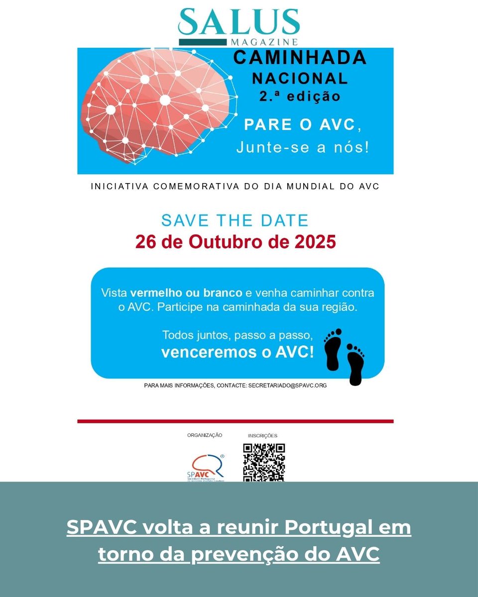 SalusMagazinePT's tweet image. Amanhã, a SPAVC - Sociedade Portuguesa do Acidente Vascular Cerebral volta a mobilizar o país para a 2.ª Caminhada Nacional “Pare o AVC, Junte-se a Nós”.
#SPAVC - Sociedade Portuguesa do Acidente Vascular Cerebral
salusmagazine.pt/spavc-volta-a-…