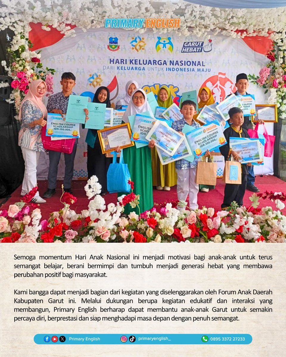 Selamat kepada para pemenang lomba dalam rangka peringatan Hari Anak Nasional Kabupaten Garut 2025 yang diselenggarakan oleh Forum Anak Daerah Garut!

#primaryenglish #siappintarbahasainggris #harianaknasional #forumanakdaerah #beasiswa #kursusbahasainggris #lesbahasainggris