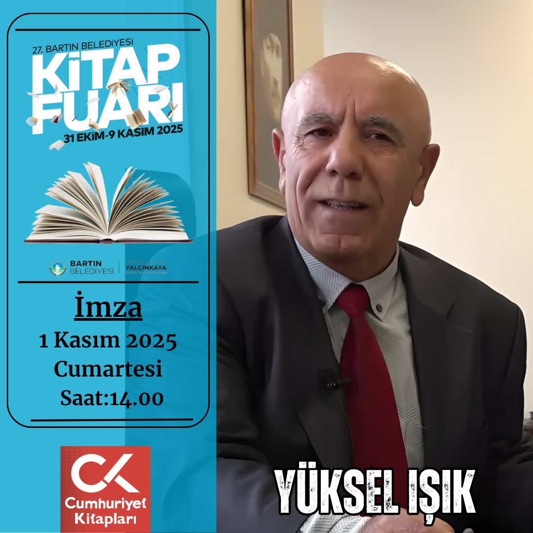 Cumhuriyet kitap yazarları Bartın' da
Bartın Belediyesi 27. Kitap Fuarı kapılarını kitapseverlere açıyor.
31 Ekim -09 Kasım tarihleri arasında yazarlarımızı sizlerle buluşturacak.

1 Kasım 2025 Cumartesi
İmza 14.00
#Erdal ATICI
#Güven BAYKAN
#Yüksel IŞIK