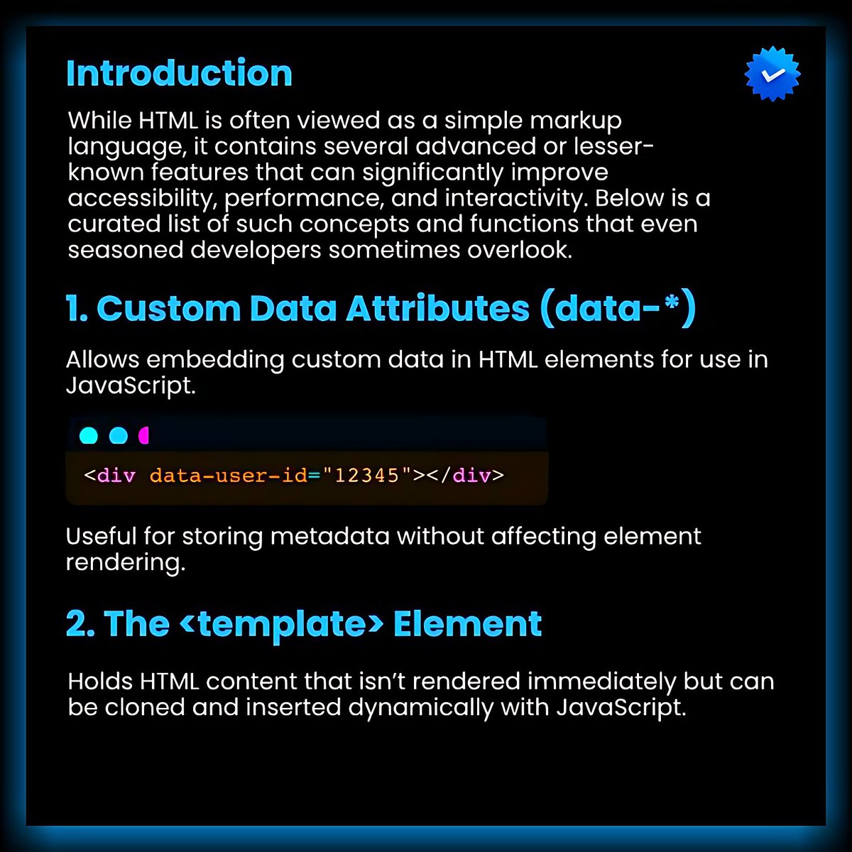 11xcoder's tweet image. Think you know HTML? Think again. 🤯 Even seasoned developers miss these gems! Master these 20 powerful, underrated features to unlock new levels of performance, accessibility, and native browser functionality.