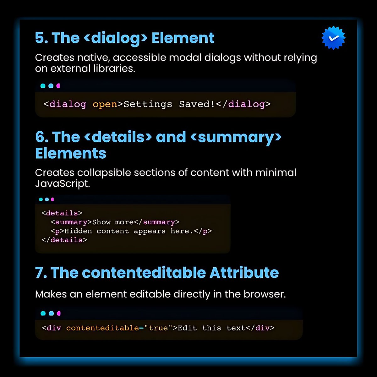 11xcoder's tweet image. Think you know HTML? Think again. 🤯 Even seasoned developers miss these gems! Master these 20 powerful, underrated features to unlock new levels of performance, accessibility, and native browser functionality.
