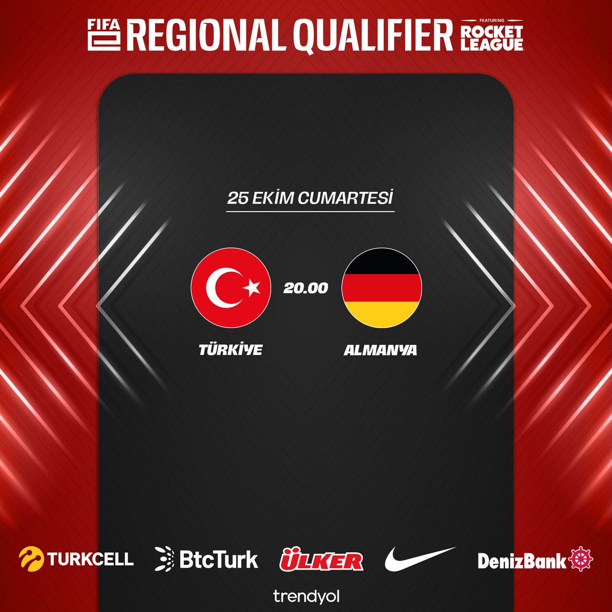 🎮 Rocket League eMillî Takımımız, <a href="/FIFAe/">FIFAe</a> Dünya Kupası Avrupa Elemeleri Son 16 Turu’nda Almanya ile karşılaşacak. 

📺 Müsabakayı saat 20.00’de TFF YouTube Kanalından canlı olarak takip edebilirsiniz. #BizimÇocuklar🇹🇷