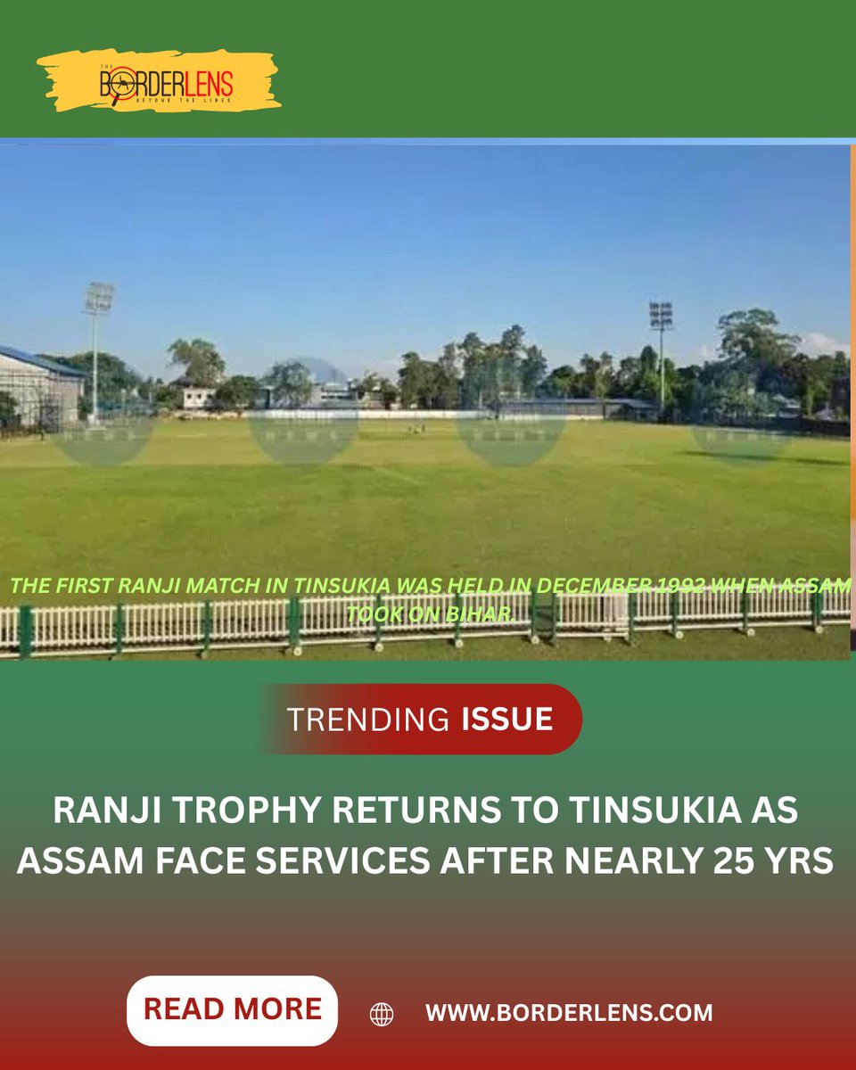 theborderlens's tweet photo. 🏏 After nearly 25 years, the Ranji Trophy is back in Tinsukia! Assam faces Services at the Tinsukia District Sports Association Ground today. A historic moment for cricket in Upper Assam! 💚💛
#RanjiTrophy #AssamCricket #Tinsukia #CricketReturns #LocalSports https://t.co/QMWKS0XFlj
