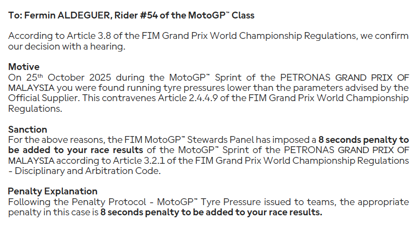 Fermin Aldeguer penalizado com 8 seg. por causa da pressão dos pneus (perde o 3.º na Sprint para P. Acosta e desce para 7.º)  e Pedro Acosta multado em 2000 € por ter regressado à pista depois de cair nos últimos 3 min da Q2.
 #MotoGPnaSportTV