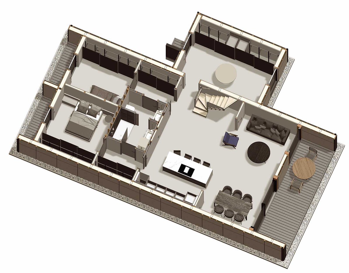 Wunderhaus’s multi award winning design feature an open-plan layout and a double-height living area. The 8.1-meter high gable style roof and facade with minimalist windows bathes the interior in natural light, creating an inviting, spacious atmosphere.
