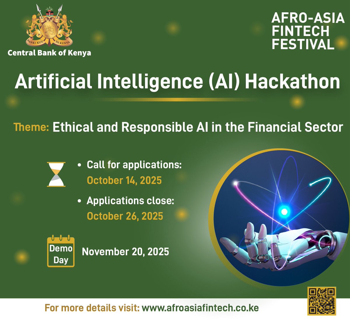 CBKKenya's tweet photo. Have you registered for the Central Bank of Kenya Artificial Intelligence (AI) Hackathon 2025? Deadline is tomorrow!
Register now on https://t.co/JykyOgrTqx
#CBKAIHackathon2025 https://t.co/uzdM4ZZYEX