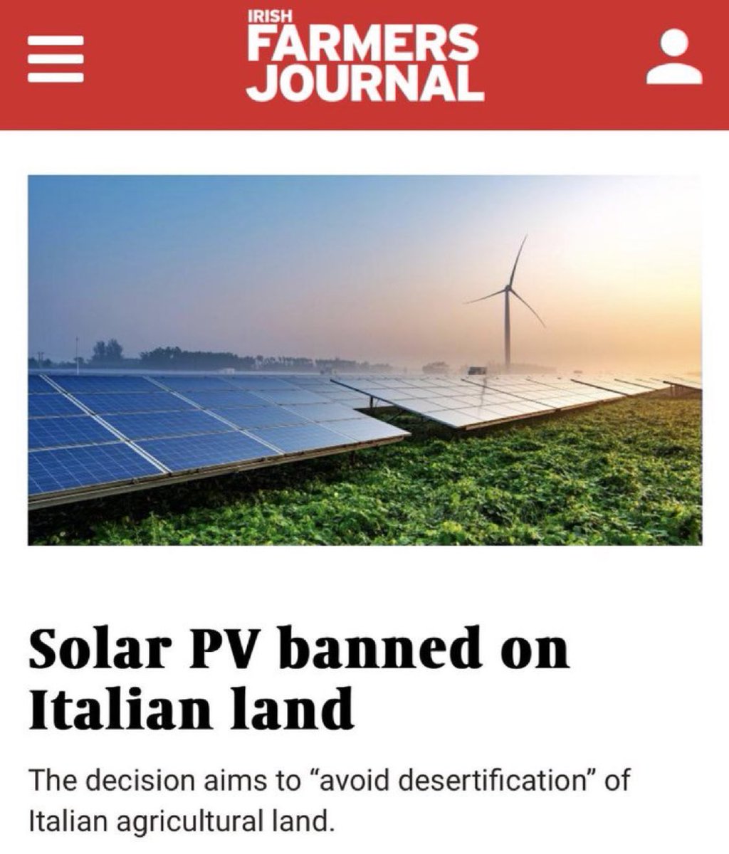 NoFarmsNoFoods's tweet image. Italy 🇮🇹 
The Italian government recently announced a ban on large-scale solar panels on farmland. The decision aims to "avoid desertification" of Italian agricultural land.