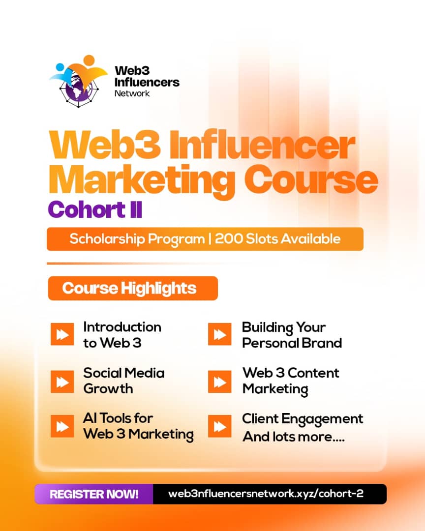 GM Guys!

If you've looking for an opportunity to grow as Web3 creators and influencers.

<a href="/web3influencer/">Web3 Influencers Network</a>, in partnership with <a href="/BlockchainUCC/">Blockchain UNICAL</a>, is opening Cohort 2 for influencer marketing training.