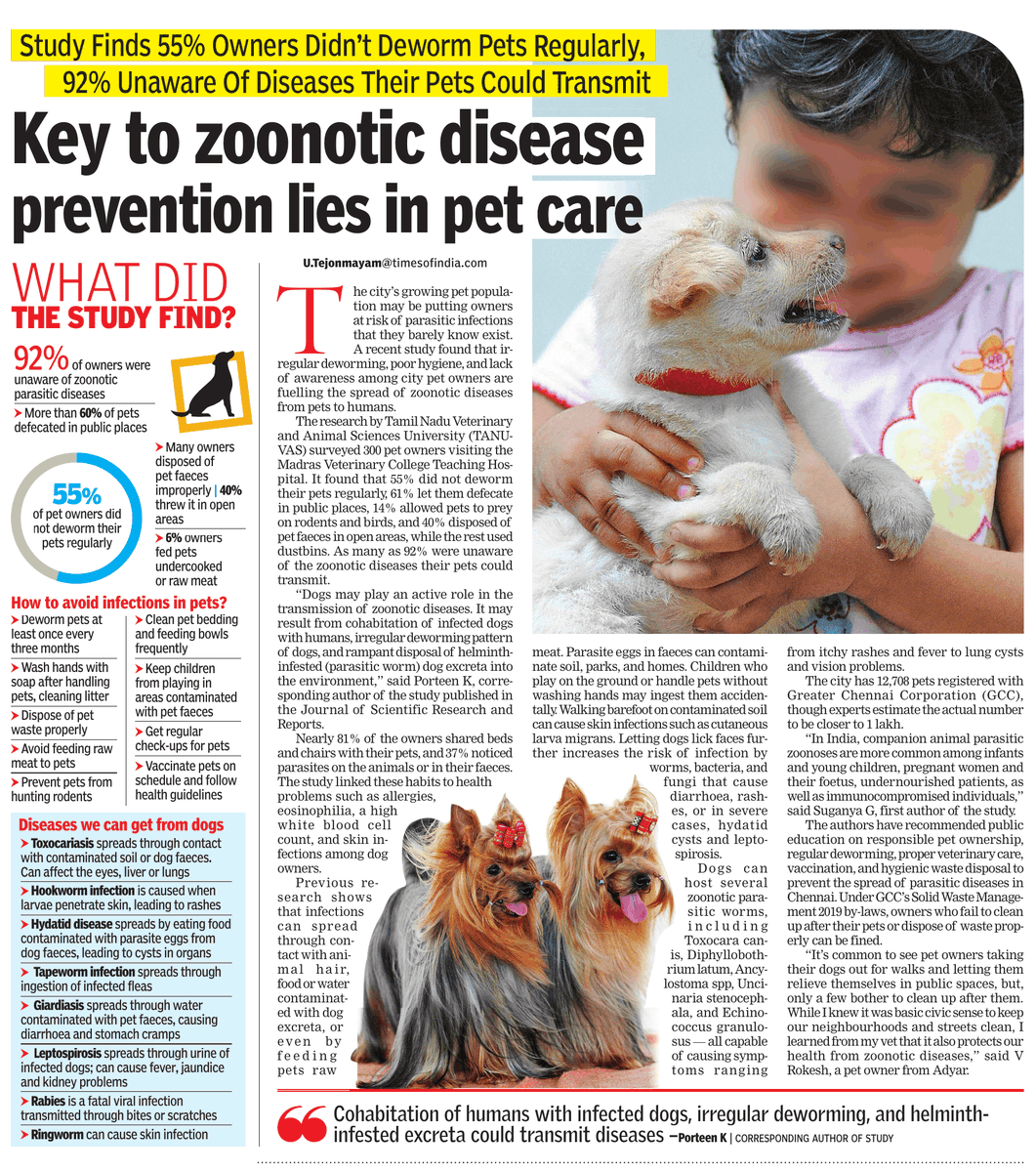 A <a href="/TANUVAS_Tweets/">Tamil Nadu Veterinary & Animal Sciences University</a> study finds that irregular deworming, poor awareness of zoonotic diseases, and allowing pets to defecate in public increase the risk of disease transmission from pets to owners.

<a href="/CMOTamilnadu/">CMOTamilNadu</a> <a href="/chennaicorp/">Greater Chennai Corporation</a> <a href="/PetaIndia/">PETA India</a> <a href="/moefcc/">MoEF&CC</a> <a href="/MoHFW_INDIA/">Ministry of Health</a> <a href="/PMOIndia/">PMO India</a>