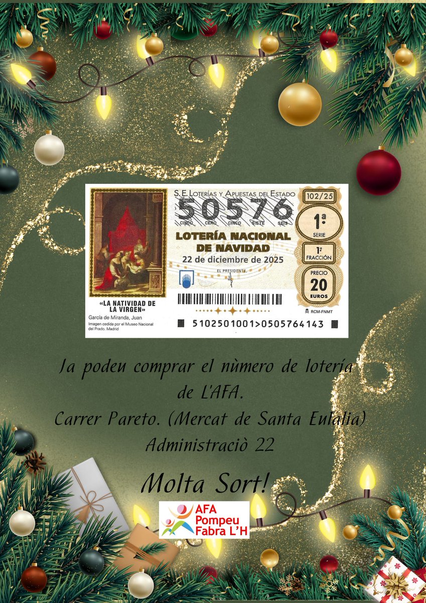 Estimades famílies!

Ja podeu anar a comprar el número de loteria pel sorteig de Nadal!

Com sempre a l'administració del carrer Pareto.

Molta sort!