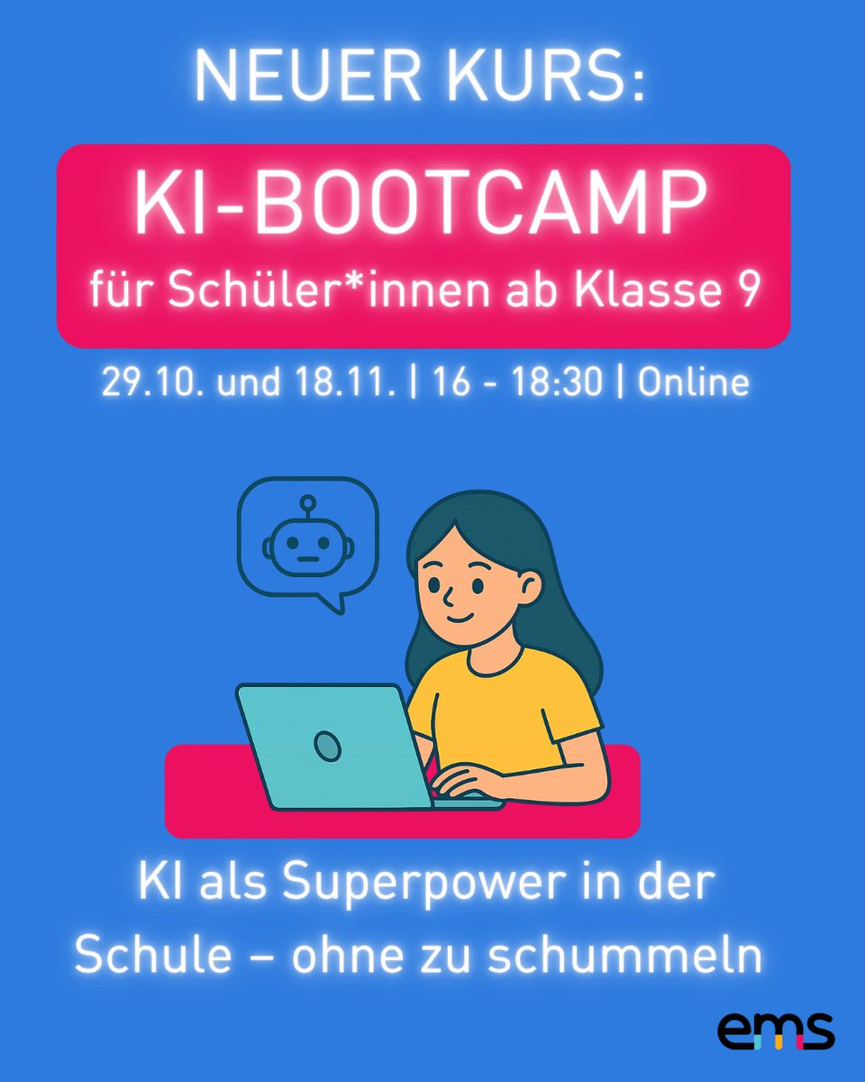 emsMedienschule's tweet photo. Wie können Schüler*innen KI als Superpower in der Schule nutzen – ohne zu schummeln? Wie funktioniert ein KI-Chatbot? Und wie entlarvt man KI-generierte Inhalte? Das finden Schüler*innen ab Klasse 9 in unserem neuen Kurs heraus!

Infos und Anmeldung ➡️ https://t.co/8A3ZZxOns3 https://t.co/vaA0FXMpGh