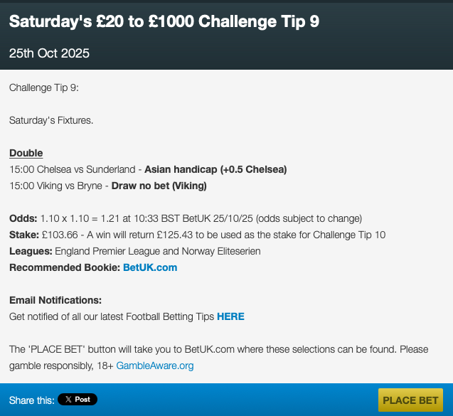 No1TFT's tweet photo. Saturday's £20 to £1000 Challenge Tip 9

Visit our website for the rest of Saturday's betting tips                                                              

#TopFootballTipster #BettingTips #BettingChallenge https://t.co/3L8neUW2uY