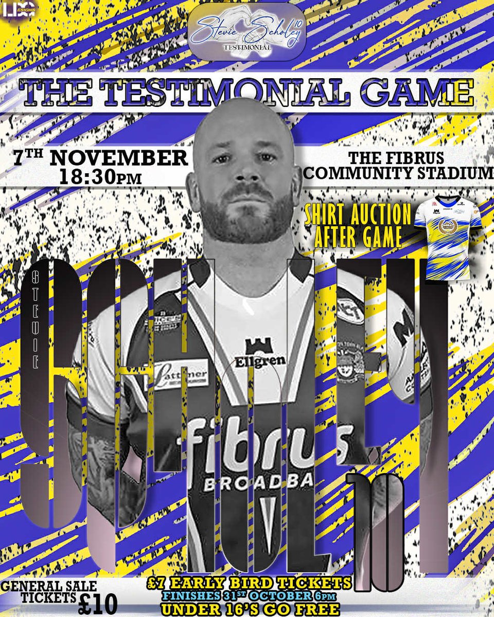 𝐒𝐭𝐞𝐯𝐢𝐞 𝐒𝐜𝐡𝐨𝐥𝐞𝐲’𝐬 𝐓𝐞𝐬𝐭𝐢𝐦𝐨𝐧𝐢𝐚𝐥 𝐆𝐚𝐦𝐞 

Masters RL Curtain Raiser 

Maryport Chairman’s XIII v Maryport Captains XIII 4.30pm 

Main Event 

Stevie Scholey’s XIII v Stevie Scholey Community Invitational XIII 6.30pm 

Tickets ticketpass.org/event/ENOKOV