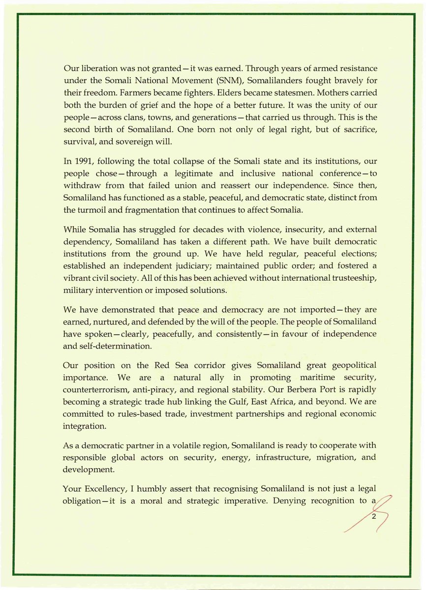 YahyeRSL's tweet photo. The Republic of Somaliland has formally requested re-recognition from the US.

A letter conveying this request was sent by the President of the Republic of Somaliland @Abdirahmanirro to the President of the United States, @realDonaldTrump.

@tedcruz @tomozeus @SenateForeign @DrJPPham  @PeteHegseth @SusieWiles @marcorubio @RussVought45 @RealTomHoman @BrendanCarrFCC @karolineleavitt
@TiborPNagyJr @CoryBooker @ChrisCoonsforDE @SenJeffMerkley @brianschatz @VanHollenForMD @SenatorCardin @SenatorTimScott @SenToddYoung @RandPaul @SenJohnBarrasso @SenatorRisch