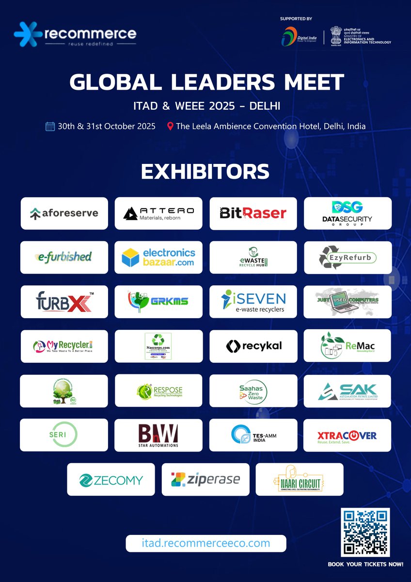 Recommerceeco's tweet photo. Meet the Exhibitors at Global Leaders Meet – ITAD &amp; WEEE 2025! 

30-31 Oct | The Leela Ambience, Delhi
Industry leaders in ITAD &amp; e-waste management, driving reuse, recovery &amp; sustainability.

Secure your spot : https://t.co/hjBPAXYC6J

#ITAD2025 #WEEE2025 #CircularEconomy https://t.co/fxVrL6i8Dc