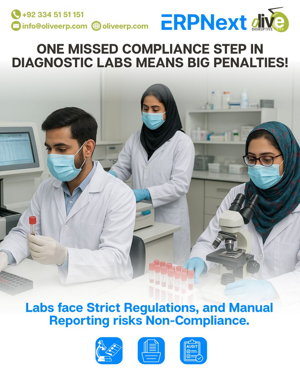 oliveerpk's tweet image. ⚠️ One missed compliance step in diagnostic labs = BIG penalties!
Manual reporting is risky and can put your lab’s reputation and license at stake.
✅ #ERPNext ensures full compliance tracking
✅ Automated audit-ready reports
✅ Reduced risk of human errors
#Healthcare