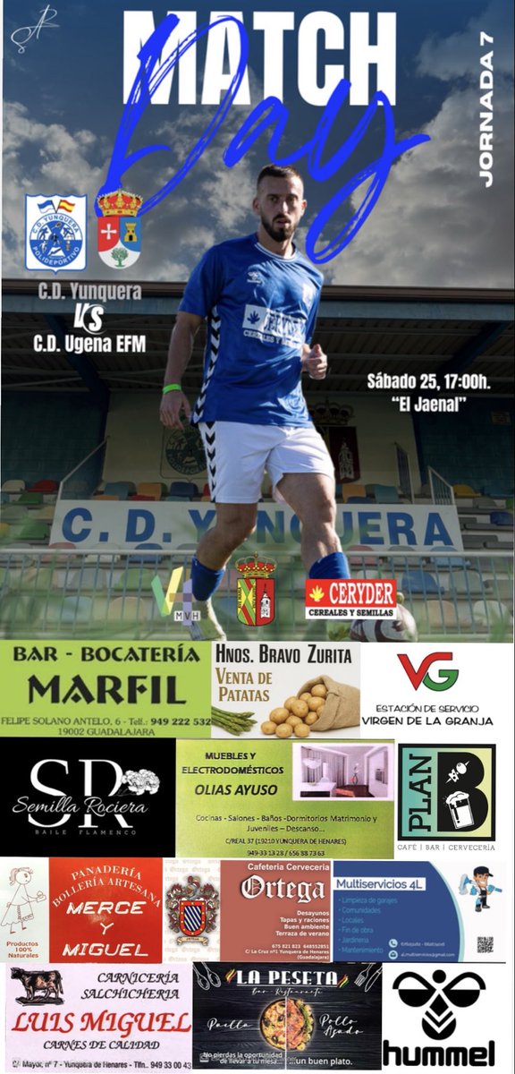 📢¡Vamos a por la séptima jornada de liga!

⚽️ Jornada 7
📅 Sábado 25 de octubre
🕔 17:00 h.
🆚 <a href="/cdugena/">CD Ugena</a> 
🏟️ Campo de Fútbol “El Jaenal” (Yunquera de Henares)

¡SEGUIMOS CON LA TEMPORADA!💪🏻💙

#123yunquera #50añoshonrandoanuestropueblo
