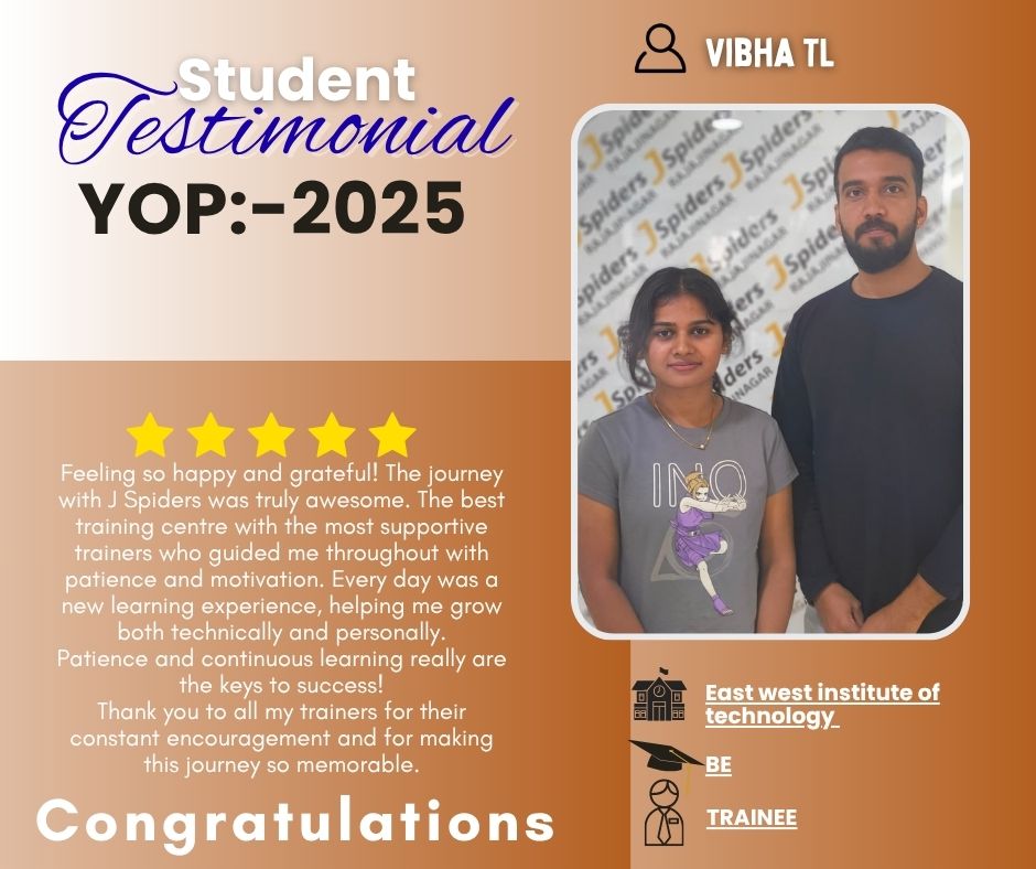 JRajajinagar's tweet image. ๐ Another Success Story from JSpiders Rajajinagar! ๐
#JSpidersRajajinagar #JSpidersSuccessStory #JavaFullStackDeveloper #PlacementSuccess #CareerGoals #StudentJourney #ITTrainingInstitute #BestTrainingInstitute #CodingJourney #SoftwareEngineer #TraineeEngineer