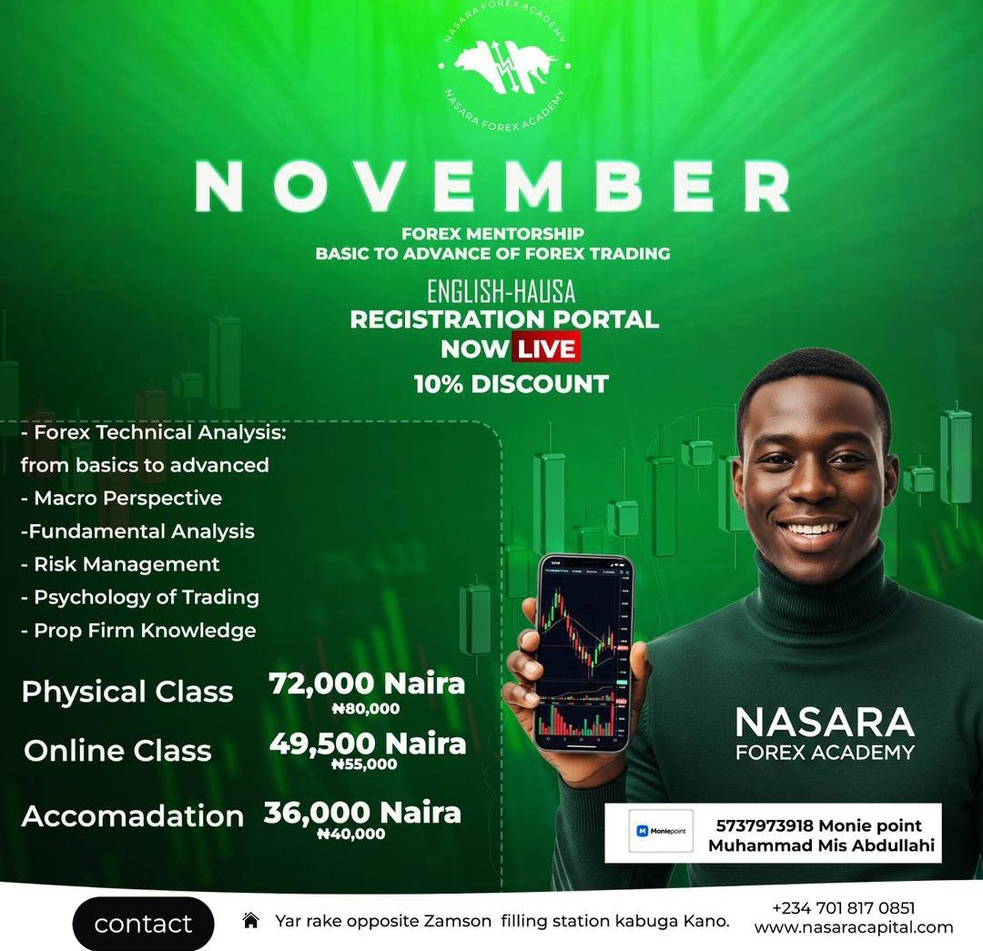 Nasara forex academy October -November mentorship registration now open 

Contact: +234 701 817 0851 Nasara Forex for registration