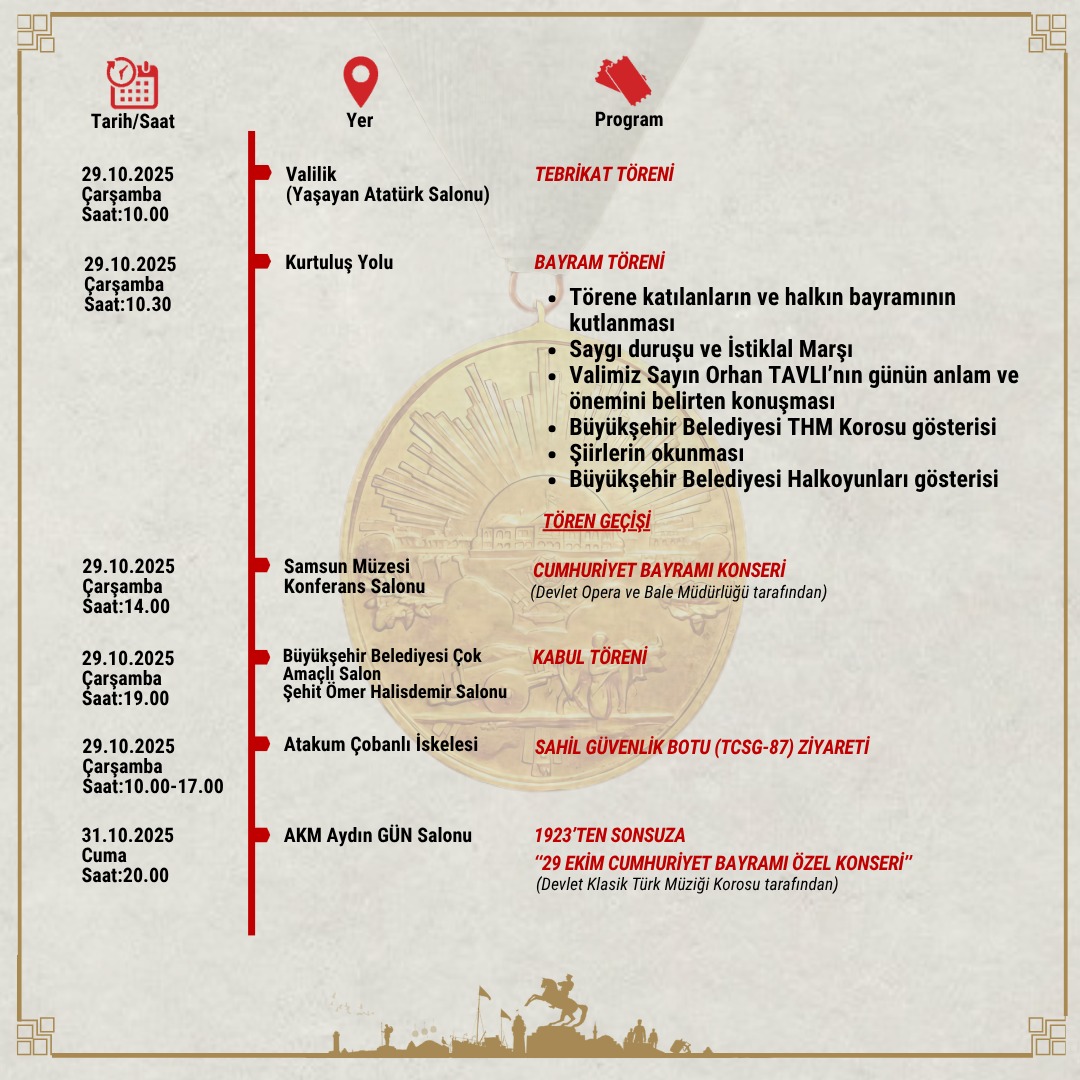 #29EkimCumhuriyetBayramı'mız kutlu olsun🇹🇷

Haydi #SAMSUN!

#Cumhuriyet'imizin 102'nci yılını hep birlikte coşkuyla kutlayalım🇹🇷

#19Mayıs ve #İstiklalŞehri Samsun'umuzu Şanlı Türk Bayrağımızla donatıyor; 29 Ekim Cumhuriyet Bayramı kutlama programlarımıza tüm vatandaşlarımızı