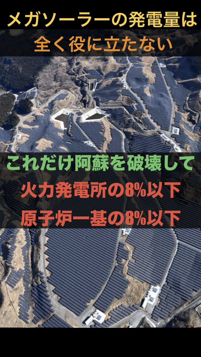 r230614_shin's tweet photo. 《拡散希望》
「メガソーラー」は
環境を破壊するだけでなく、発電施設として「全く役に立っていません」

◾️阿蘇最大級メガソーラーは【8万kW】

◾️火力、原子力は一基だけで【100万kW】

この意味わかりますか？
メガソーラーはあれだけ自然を破壊して
発電量は「ゴミカス」レベルなんですよ。 https://t.co/OQlAN1BOA4