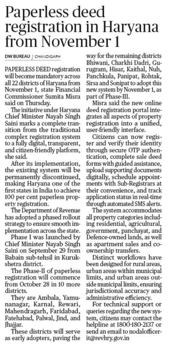 Paperless registries in all tehsils of Haryana from 1st November,2025- a transformative initiative by my team in the Revenue Department. #Haryana