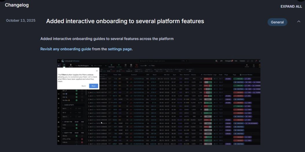 unusual_whales's tweet image. JUST IN: We have added a new guided onboarding tours across multiple platform features.

You can now revisit any guide directly from your Settings page — learn the flow, filters, and advanced tools step-by-step.