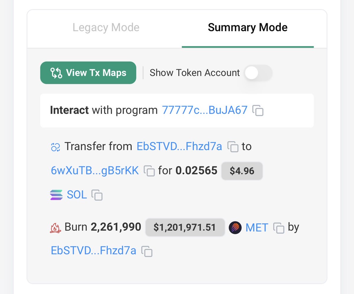 Solana explorer screenshot showing Meteora's MET token burn transaction: 2,261,990 tokens worth $1,201,971.51 transferred and burned