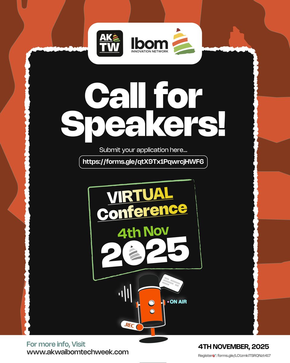 IbomTechWeek's tweet photo. Are you shaping the future of tech, business, or innovation in Africa?
Then we want to hear from you.

The AKTW 2025 Virtual Conference is happening November 4th, and we’re opening the floor to voices that inspire change and drive growth.

Share your ideas. Lead conversations.
Be part of the story that’s building Africa’s next generation of innovators.

Apply now: https://t.co/9hhsxRxogt

#AKTW2025 #AkwaIbomTechWeek