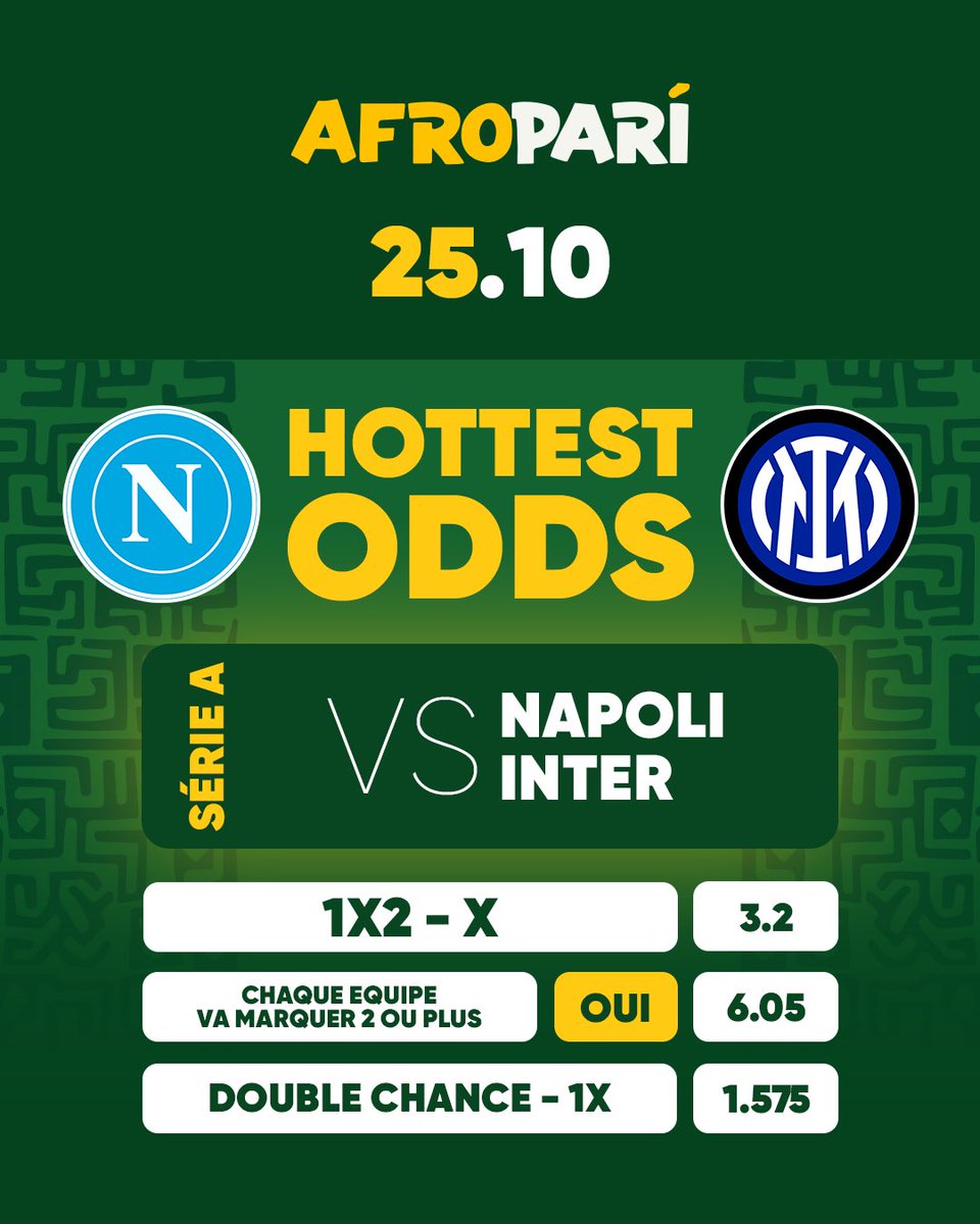 afropari_benin's tweet photo. 🔥 Napoli vs Inter – les meilleures cotes sur AfroPari!
⚽ 1X2 (X) — 3.2
💥 Les deux équipes marquent 2+ buts — OUI 6.05
🛡 Double chance (1X) — 1.575
💭 Partage dans les réponses !
#AfroPari #SerieA #Cotes #FootballBet https://t.co/XvWqWUJ6B4