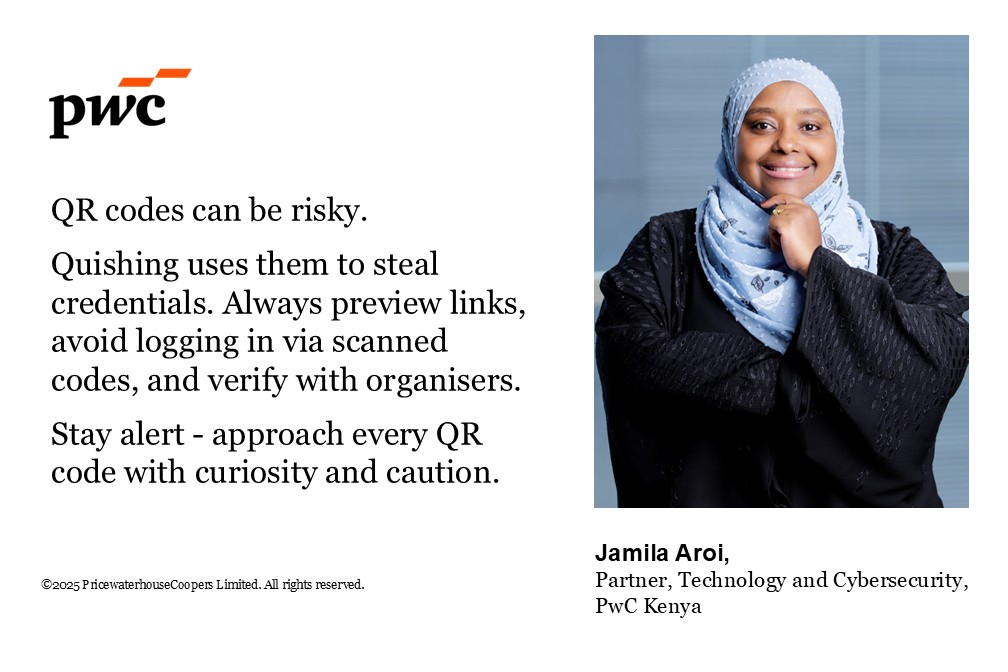 PwC_KE's tweet image. QR codes are handy—but scammers are getting clever. “Quishing” tricks you into scanning fake codes to steal your info. Before you scan: preview the link, confirm the source, and avoid entering sensitive info. Stay smart, stay safe. #OnlineSafety #Quishing #PwC Insights